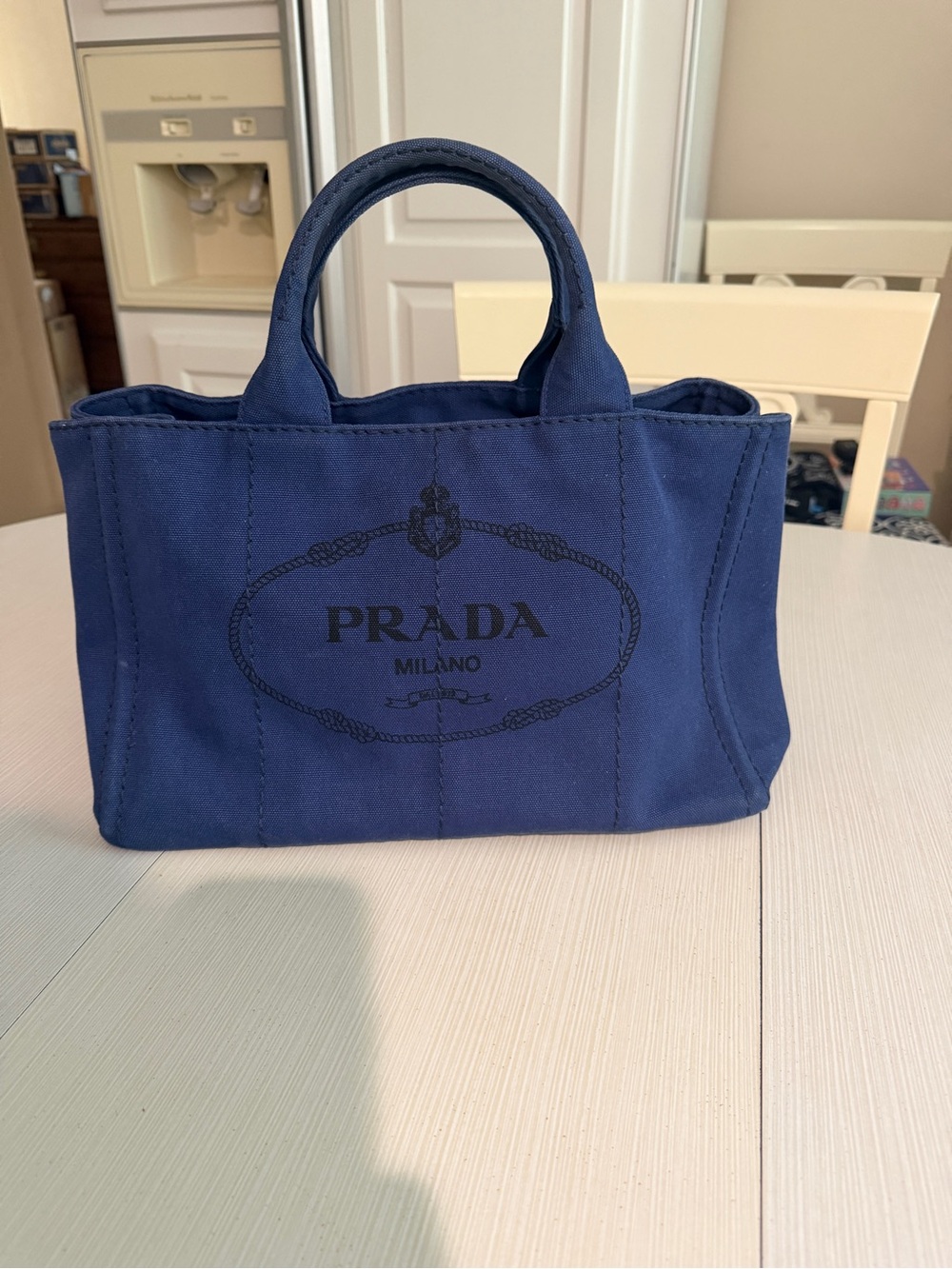 Prada Medium Canapa Blue Canvas With Black Logo Tote